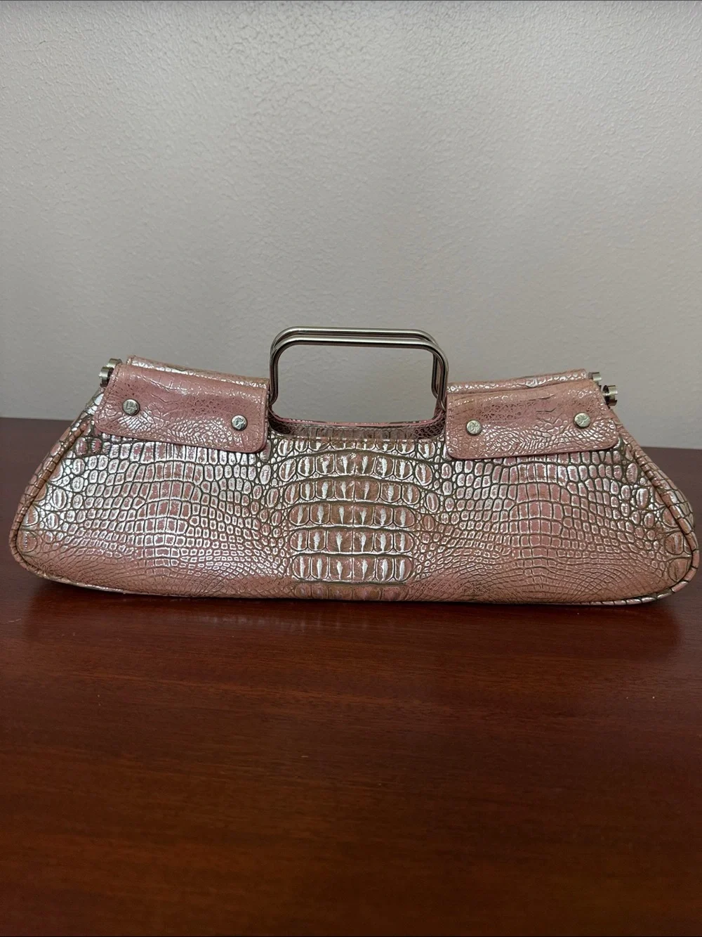 Donald J. Pliner Metallic Rose Croc-Embossed Handle Clutch